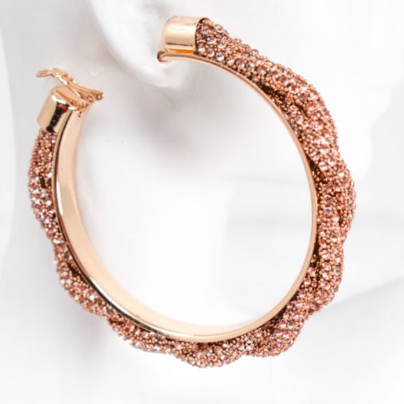 3" Braid Twist Champagne Rhinestone Hoop Earrings - Picture 2 of 12